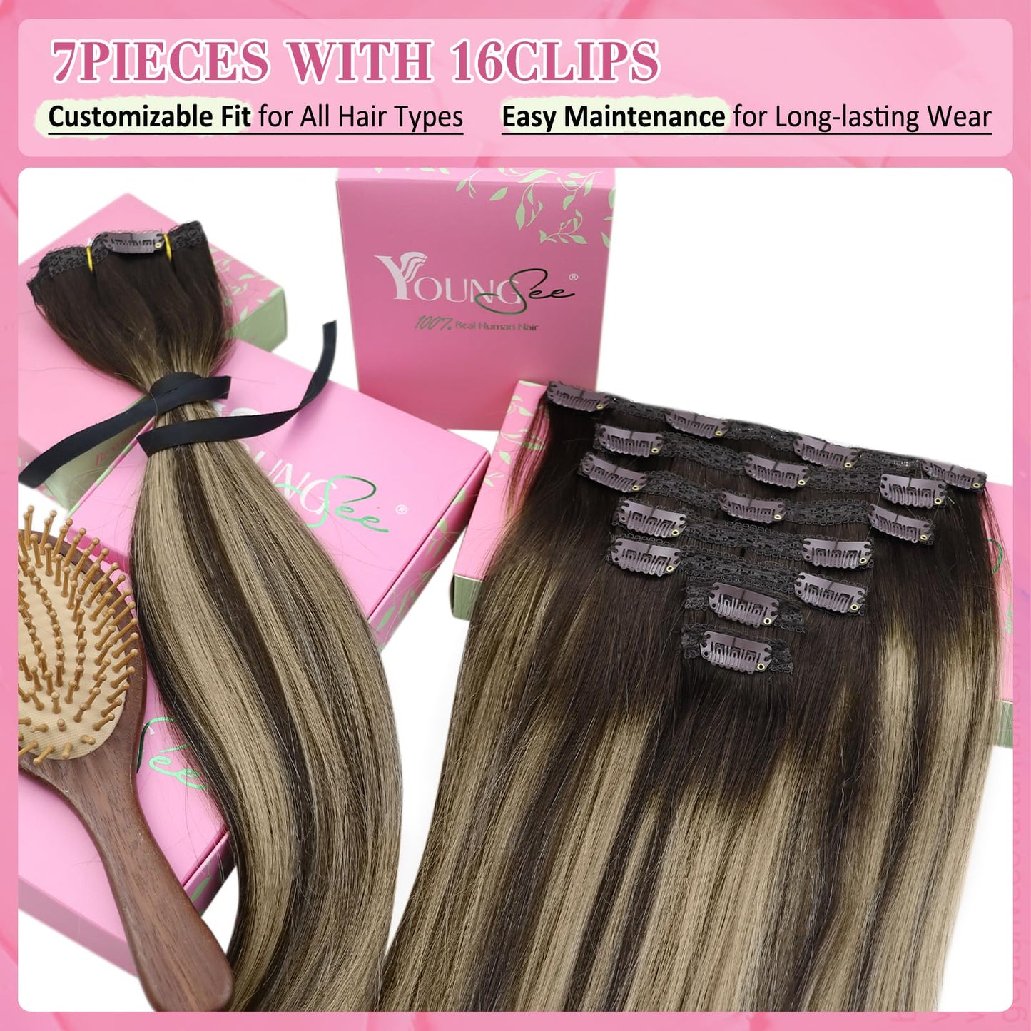 YoungSee Clip in Hair Extensions Real Human Hair Balayage Clip in Real Hair Extensions Chocolate Brown with Ash Blonde Balayage