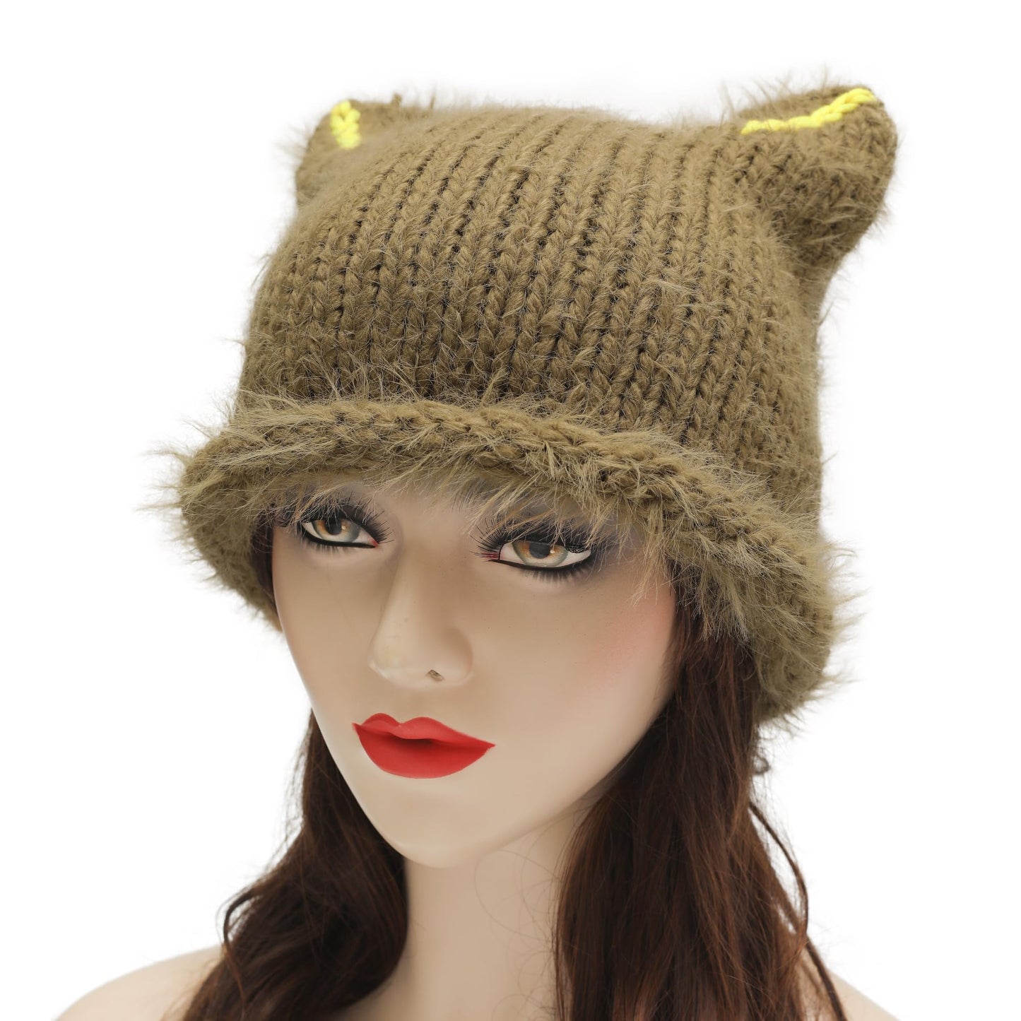 ZLYC Women's Slouchy Beanie with Cat Ears, Solid Khaki, one Size fits Most