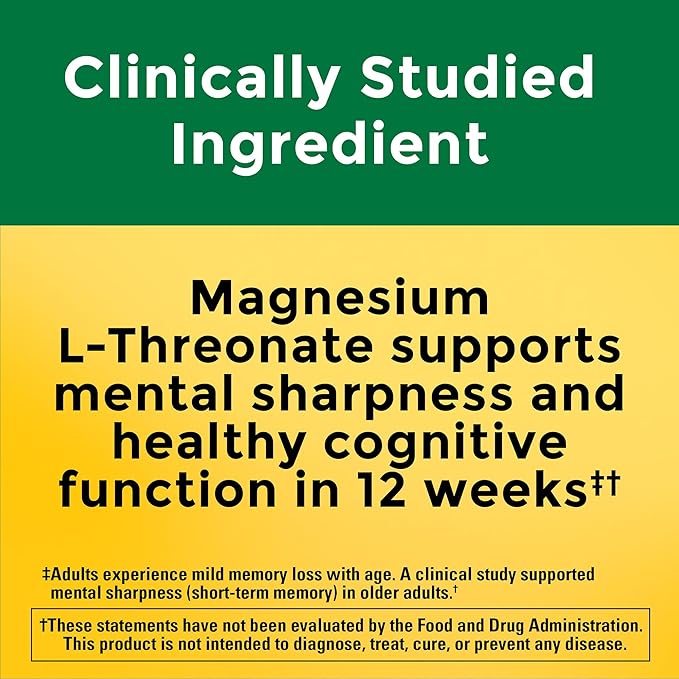 Nature Made Magnesium L-Threonate with Vitamin C & Vitamin D3, Provides 130 mg of Magnesium from 1800 mg Magnesium L Threonate, Cognitive Support Magnesium Supplement, 90 Capsules, 30 Day Supply