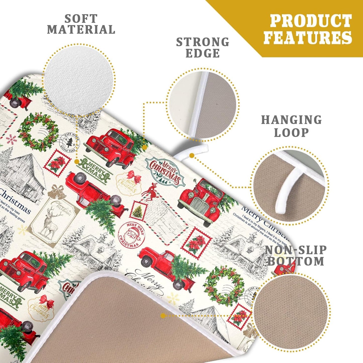 Christmas Red Truck Dish Drying Mat for Kitchen Counter Vintage Xmas Theme Drying Mat 16x18 Inch Winter Holiday Absorbent Dish Drainer Mat Christmas Kitchen Accessories