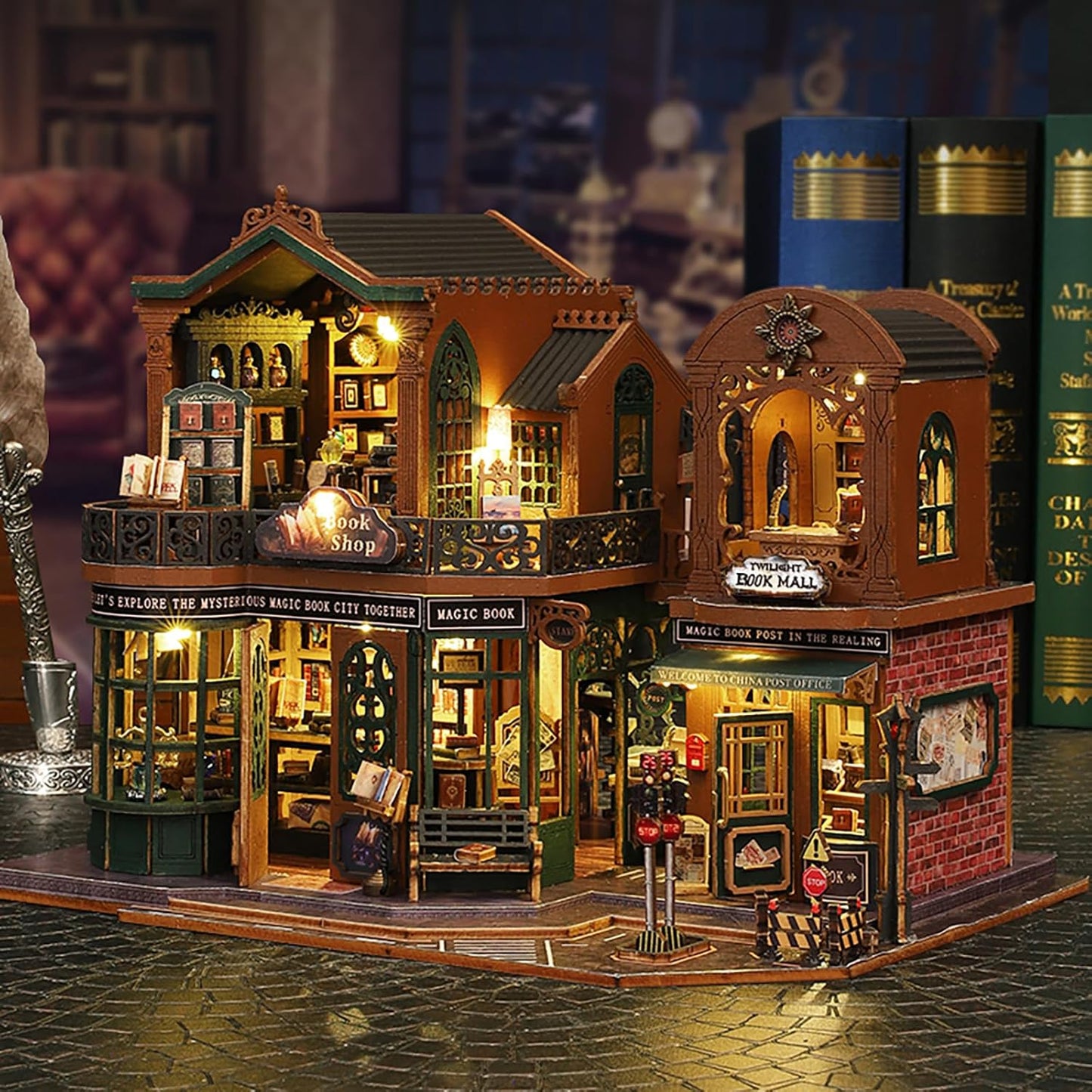 DIY Book Nook Kit - DIY Miniature Dolls House Kit with Furniture and LED Light, 3D Puzzle Wooden Art Bookends, Model Kits for Adults to Build (Twilight Bookstore)
