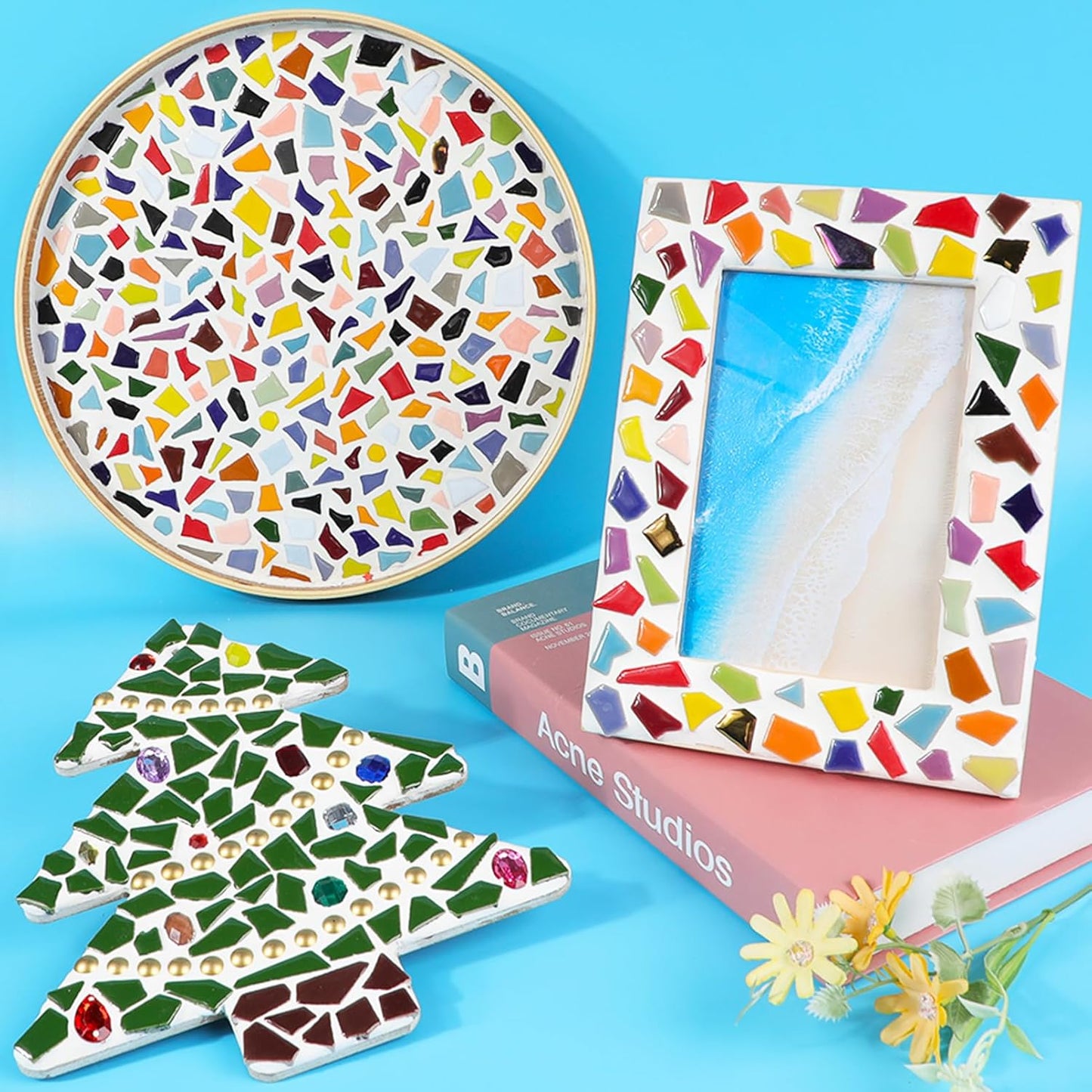 Mosaic Tiles for Crafts Assorted Color Ceramic Glitter Mosaic Supplies Pieces Bulk Square Triangles Trapezoids Polygons Irregular Size, 200g (Sky Blue)