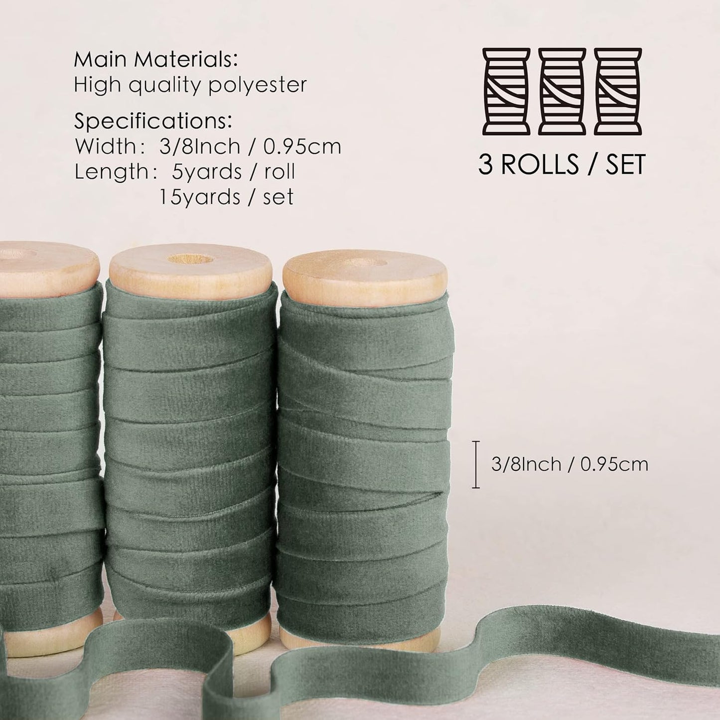 Vitalizart Dusty Green Velvet Ribbon Set 3/8" x 15 Yd Wooden Spool Fabric Trim 3 Rolls * 5 Yd for Christmas Wreath Decoration Handmade Craft Ornaments Gift Wrapping & Bow Making