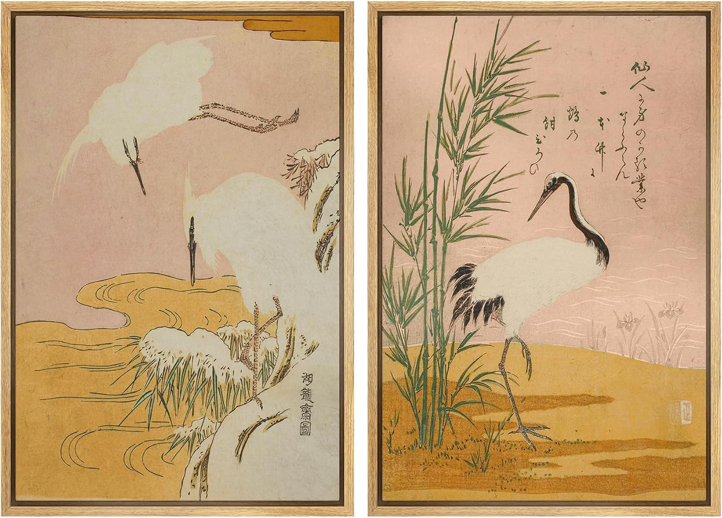 SIGNWIN Framed Canvas Print Wall Art Set Japanese Crane Vintage Style Bird and Bamboo Illustrations Modern Art Rustic Minimal for Living Room, Bedroom, Office - 16"x24"x2 Natural