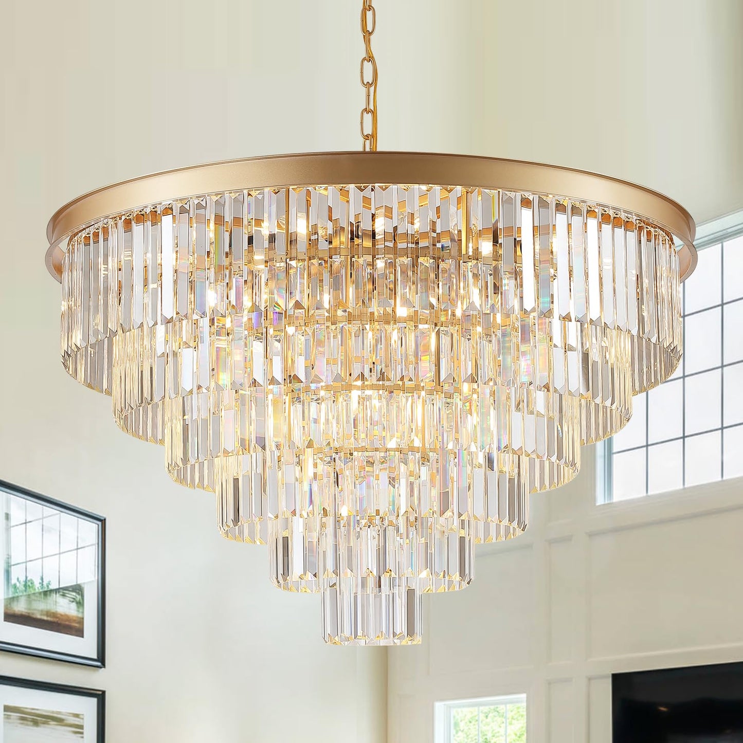A AXILIXI Modern Gold Crystal Chandelier 35in  5-Tier K9 Metal Light Fixture for High Ceilings, Staircase, Entry, Living Room, Model DH88318