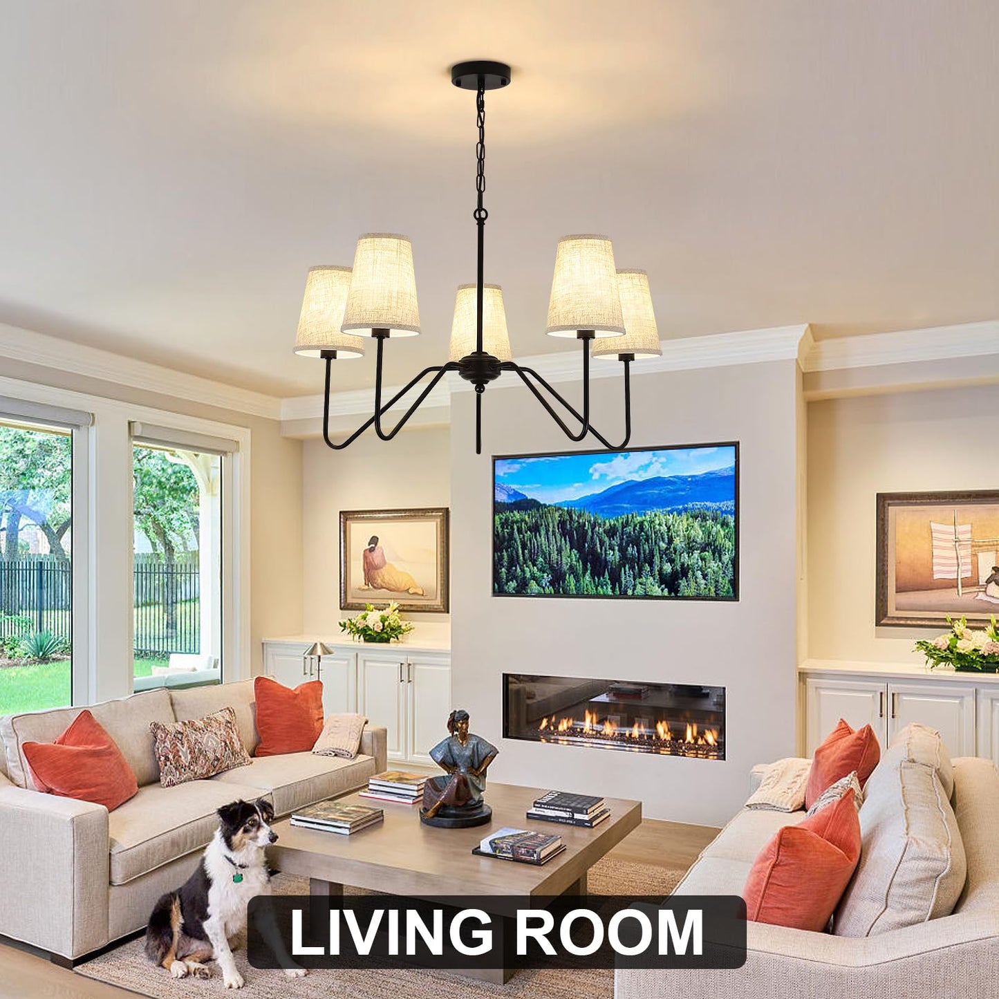 Jsdorsy Chandelier With Linen Shade  Black Dining Room Light Fixtures Over Table  Classic Pendant Light Fixtures Ceiling Hanging Lighting For Living Room Bedroom  5-Arm  30 Dia