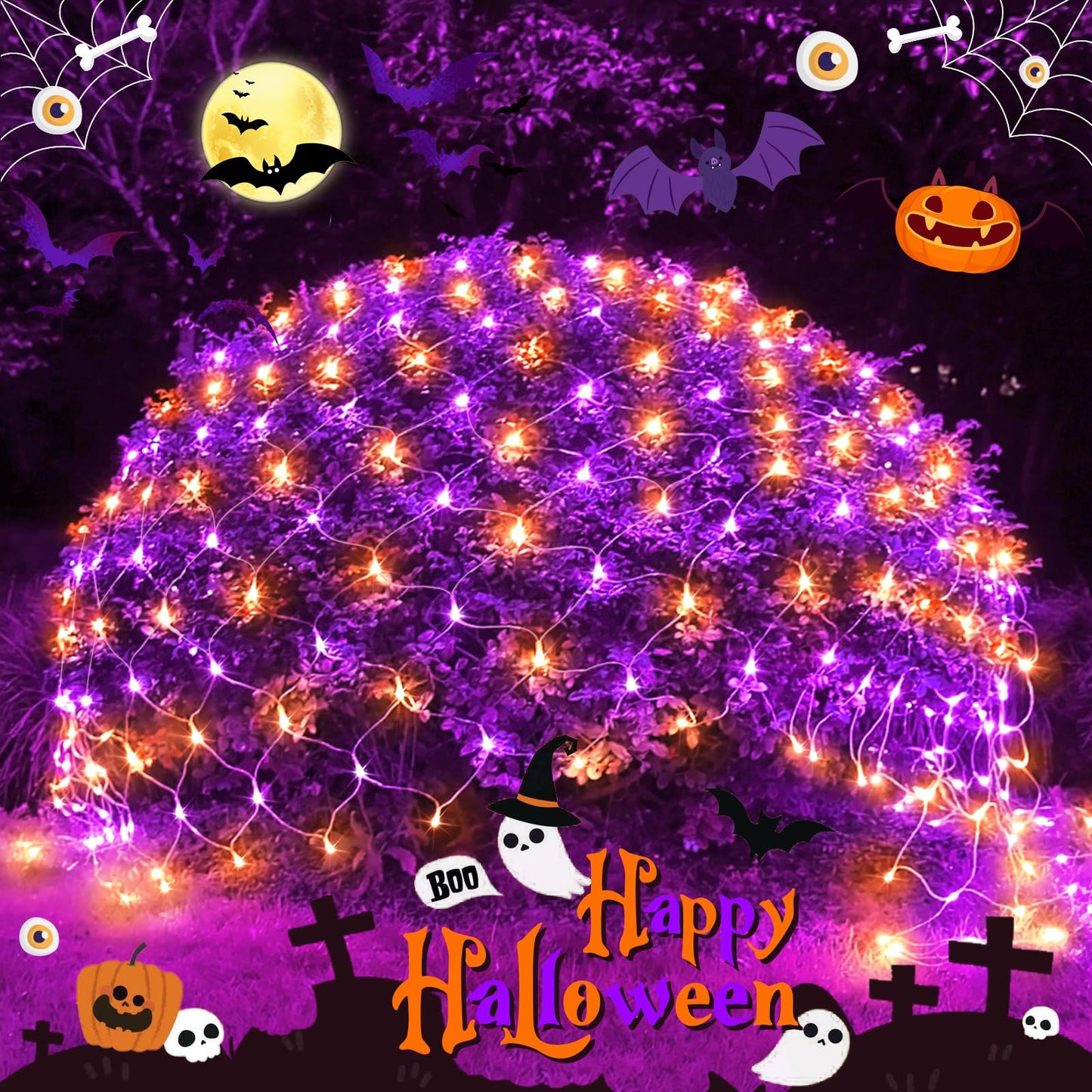JMEXSUSS Halloween Net Lights, 200 LED, 9.8FT x 6.6FT, Connectable, Orange and Purple, Outdoor Mesh Light for Garden Decor