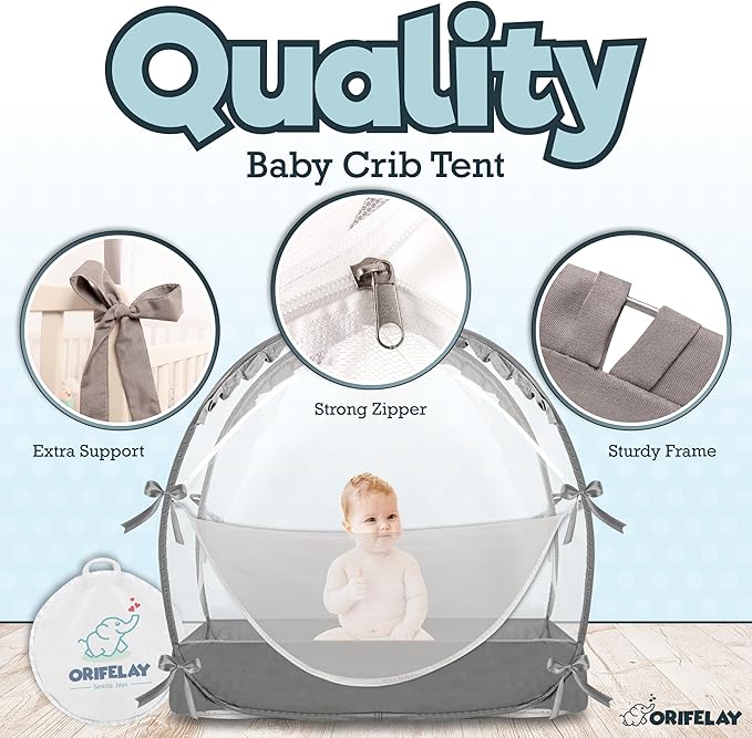 Baby Crib Tent - Toddler Bed Tent w/White Noise Machine, Wide Zipper Opening - Easy Setup Crib Cover w/Glow in The Dark Stickers & Custom Multi Color Light, Breathable Mesh Cribs Net (Gray)