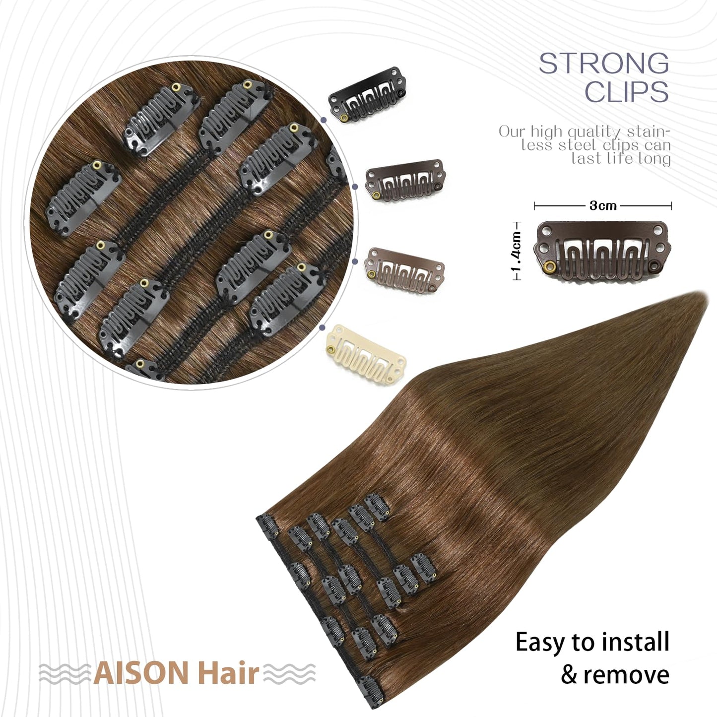 Aison Light Brown Hair Extensions Clip in Human Hair 7pcs Remy Hair 16clips for Women #6 Chestnut Brown Hair Extensions 14 Inch