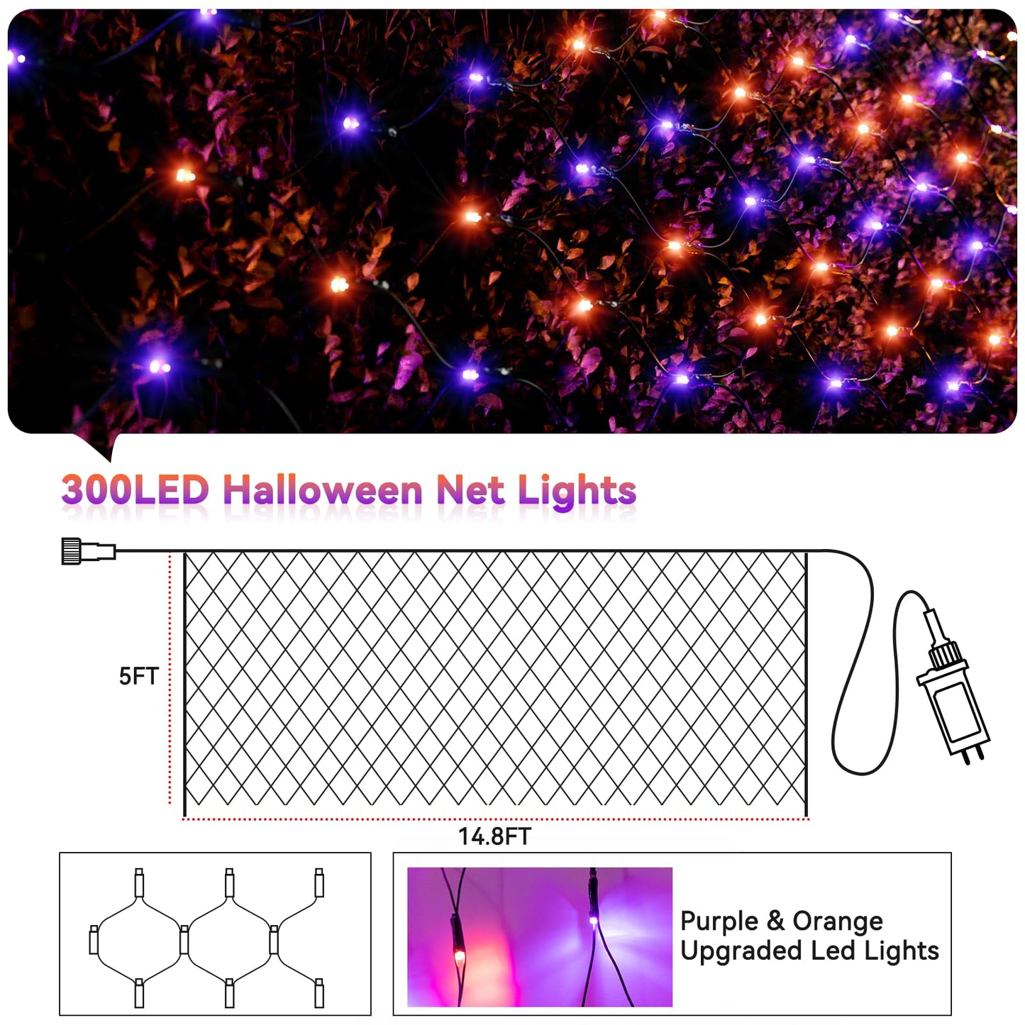 Lithome 14.8Ft X 5Ft Halloween Net Lights  300 Led Purple Orange Bush Lights With 8 Modes  Connectable Waterproof Net Mesh Light Dark Green Wire For Bushes Shrubs Trees Outdoor Holiday Decor