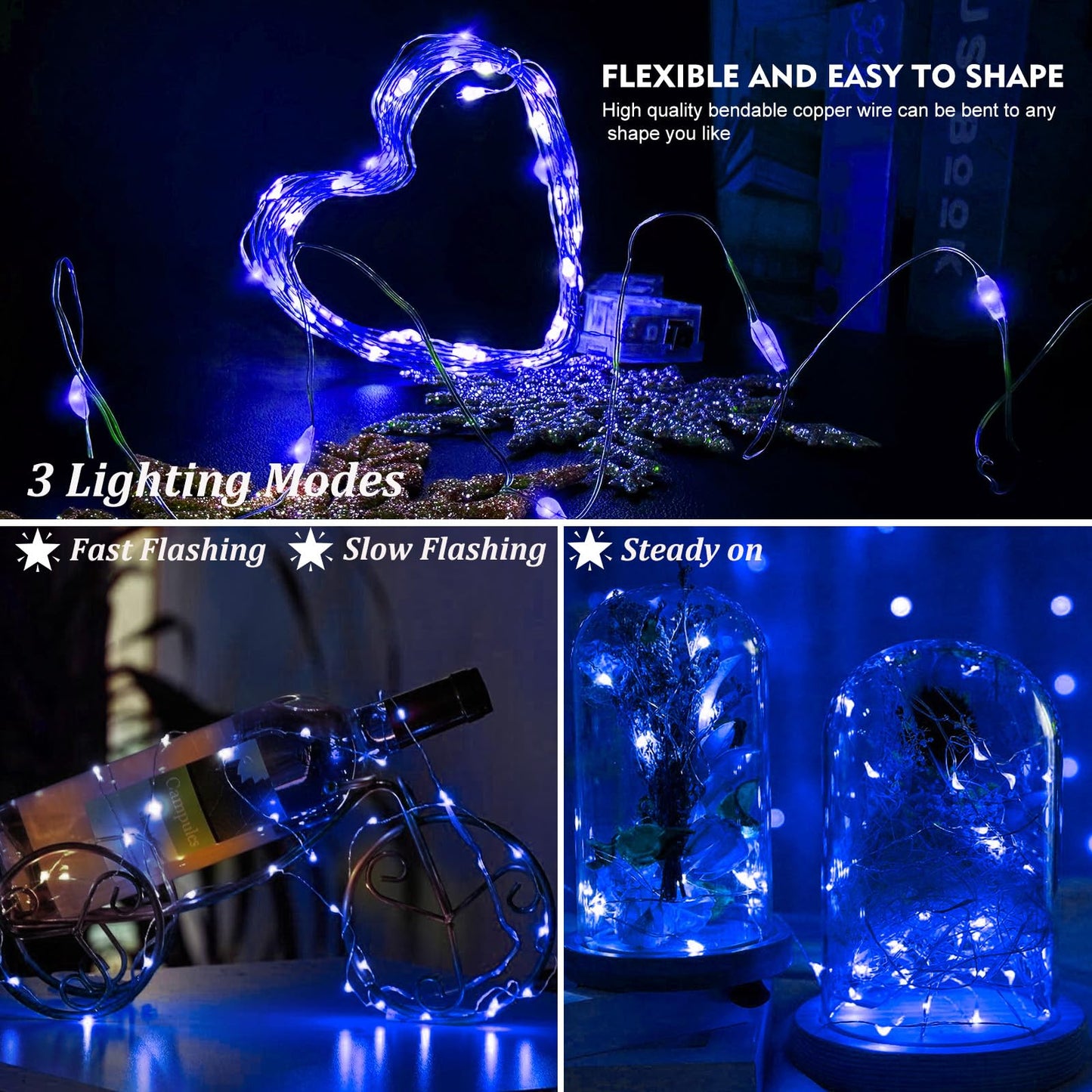 Aikei 100 Pack Led Fairy Lights Battery Operated  Mini String Lights 3 Lighting Modes Waterproof 7 Feet 20 Led Firefly Starry Lamps For Wedding Party Bedroom Garden Halloween Christmas Decoration Blue