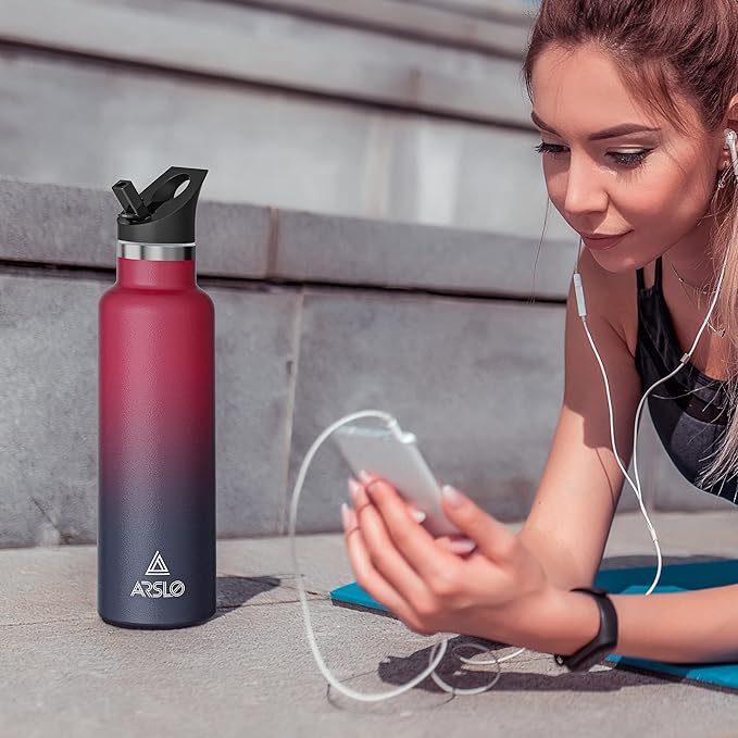 Stainless Steel Water Bottle with Straw - Insulated Water Bottle for Sports, Gym, School, Commute, Adults/Kids - Keep Cold for up to 24 Hours - Sweat/Leak-proof - 2 Lids - BPA Free