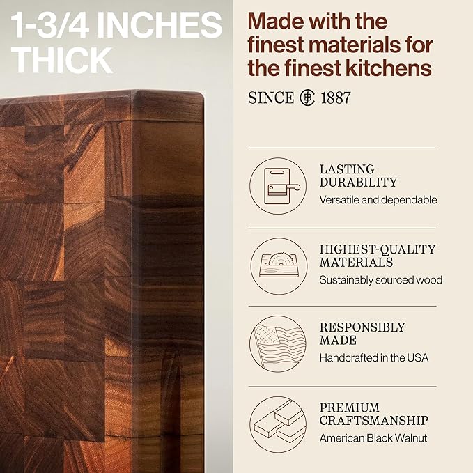 John Boos CCB Series Rectangular Wooden Walnut Cutting Board 18”x12” – 1.75” Thick, 12-lb Reversible Butcher Block with End-Grain & Finger Grips – Made in the USA