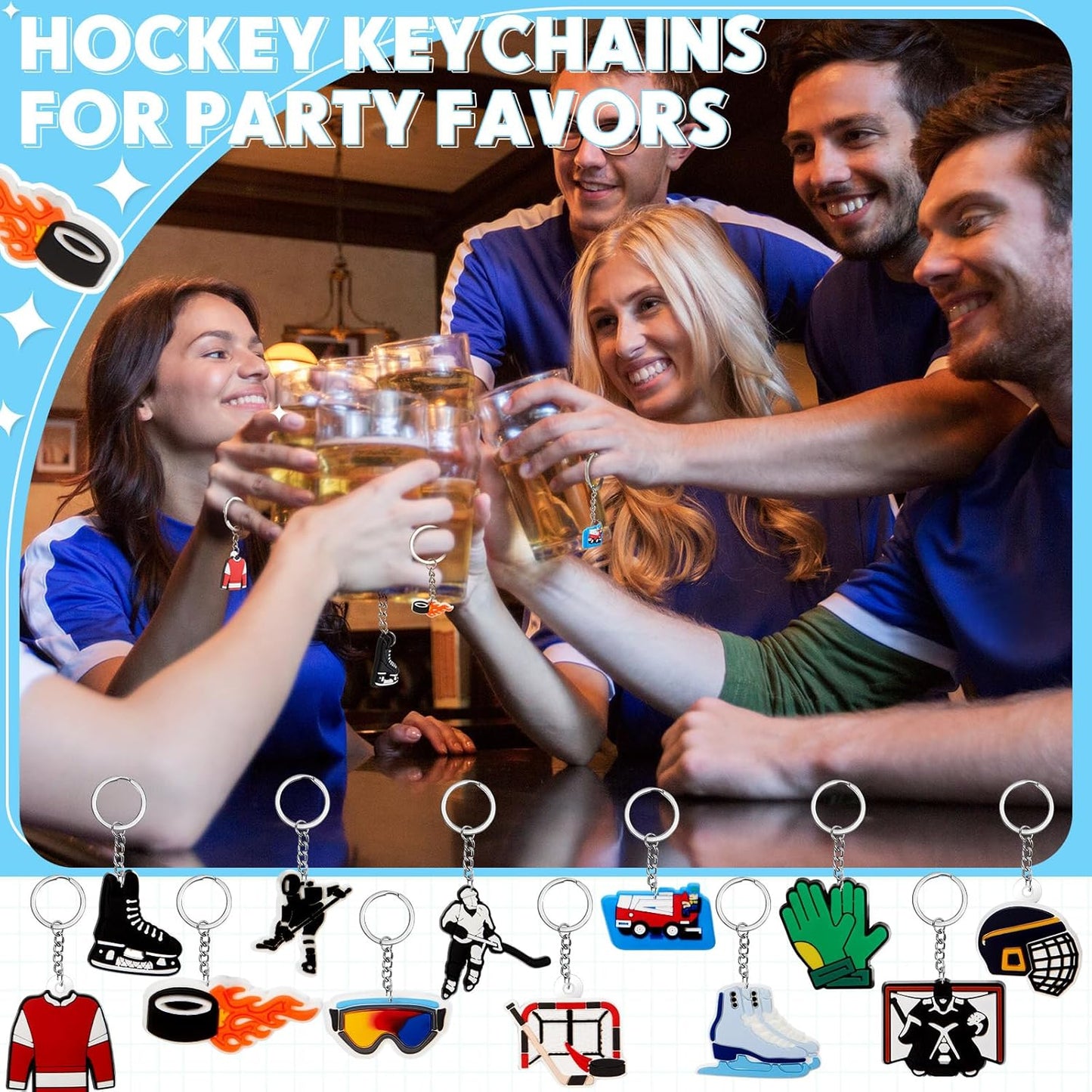 Batiyeer 36 Pack Hockey Keychains Bulk Party Favors Sports Ball Key Chains Funny Keyring Gifts for Birthday Supplies
