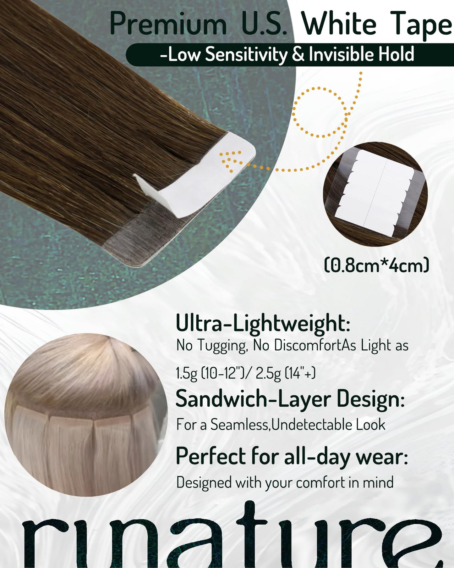 RUNATURE Brown Human Hair Tape in Extensions 14 Inch Brazilian Straight Tape in Remy Hair Extensions Skin Weft Glue in Extension