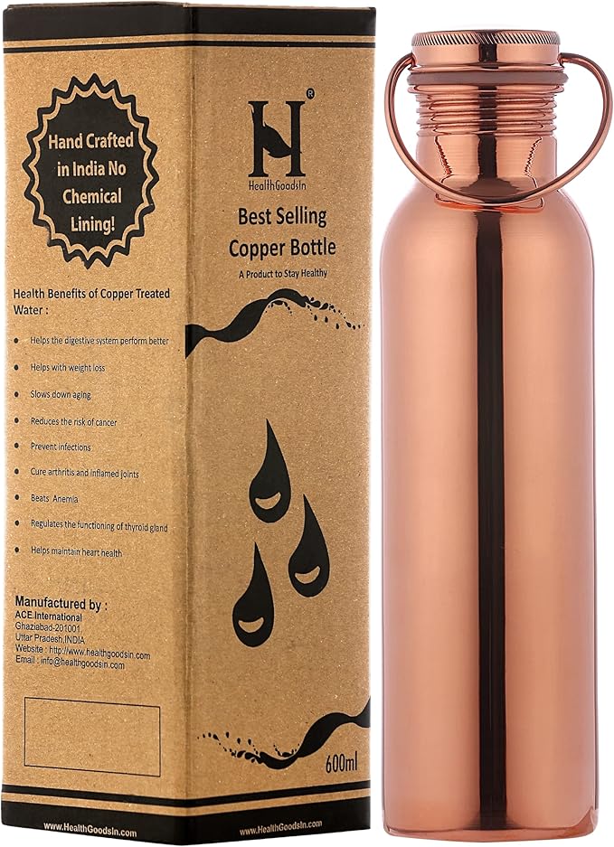Pure Copper Water Bottle with Handle, 600 Ml, UNLINED, UNCOATED and LACQURED-FREE for Ayurvedic Health Benefits