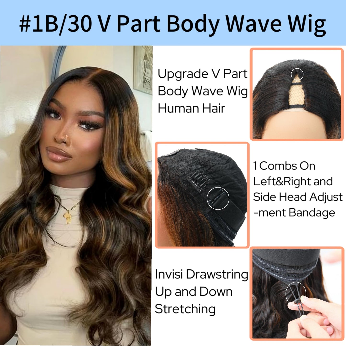 XSSXAKO V Part Wig Human Hair Body Wave Wig Upgradae Wigs Human Hair V Part Half Wigs for Black Women No Glueless No Leave Out B