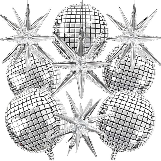 OuMuaMua Disco Ball Balloons for 70s Disco Party Decor, 22 Inch Large 4D Metallic Silver Disco Balloons with Stars Balloon...
