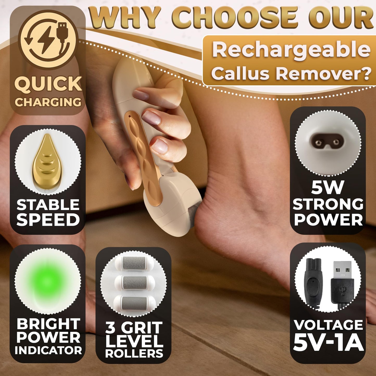 Electric Callus Remover for Feet - 5W Electric Foot Filer, 90-Min Runtime Foot Sander with Fast 2H Charge & 3 Replacement Roller