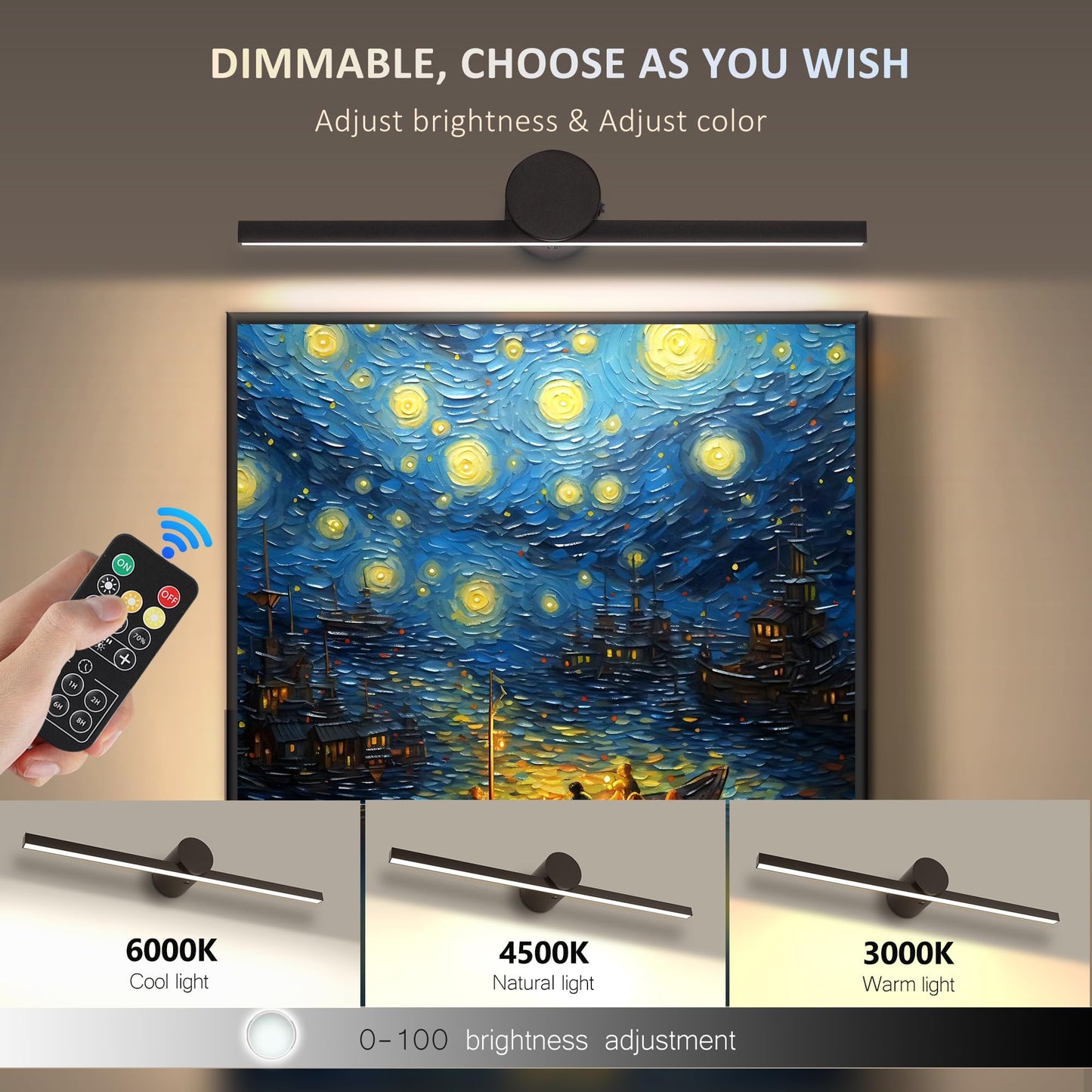 Zitostory Battery Operated Picture Light With Remote Wireless Dimmable Art Lights For discomfort-reducingtings Rechargeable Gallery Light Artwork Lighting For Canvas  Portrait (Black 16 Inch)