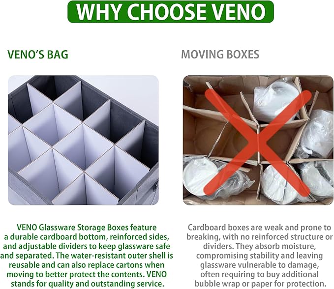 VENO Champagne Flutes Storage Box With Lid and Handles for Stemware Storage, Transport, Moving and Protection, Cardboard Dividers Included for 12 Glasswares