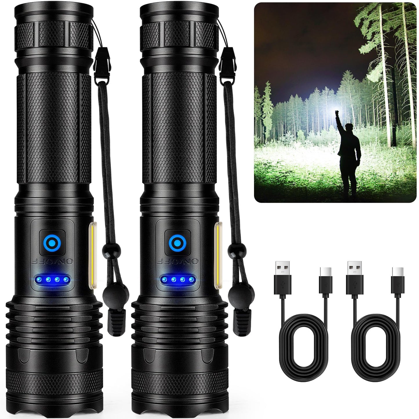 Alicegirl Rechargeable Flashlight, 99000LM, 8 Modes, Waterproof, Aluminum, Model M111-COB, Black