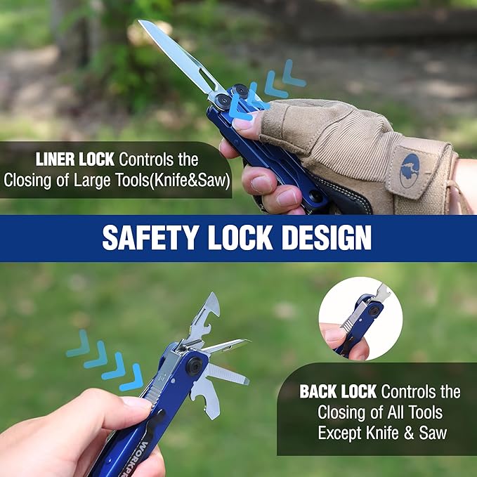 WORKPRO 24-in-1 Mutitool, Stainless Steel Multitool Pliers with Pocket Knife and Screwdrivers, EDC Self-locking Multi Tool with Sheath, Belt Clip for Outdoor Activities, Gifts for Men, Blue