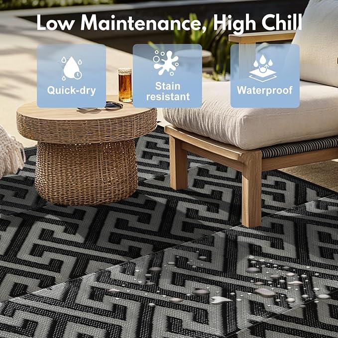 Waterproof Outdoor Rug 4x6 ft, Reversible Plastic Straw Rug, Easy to Clean Patio Rug, Portable Carpet for Patio, RV, Deck, Balcony, Backyard, Picnic, Beach, I-Shaped, Black