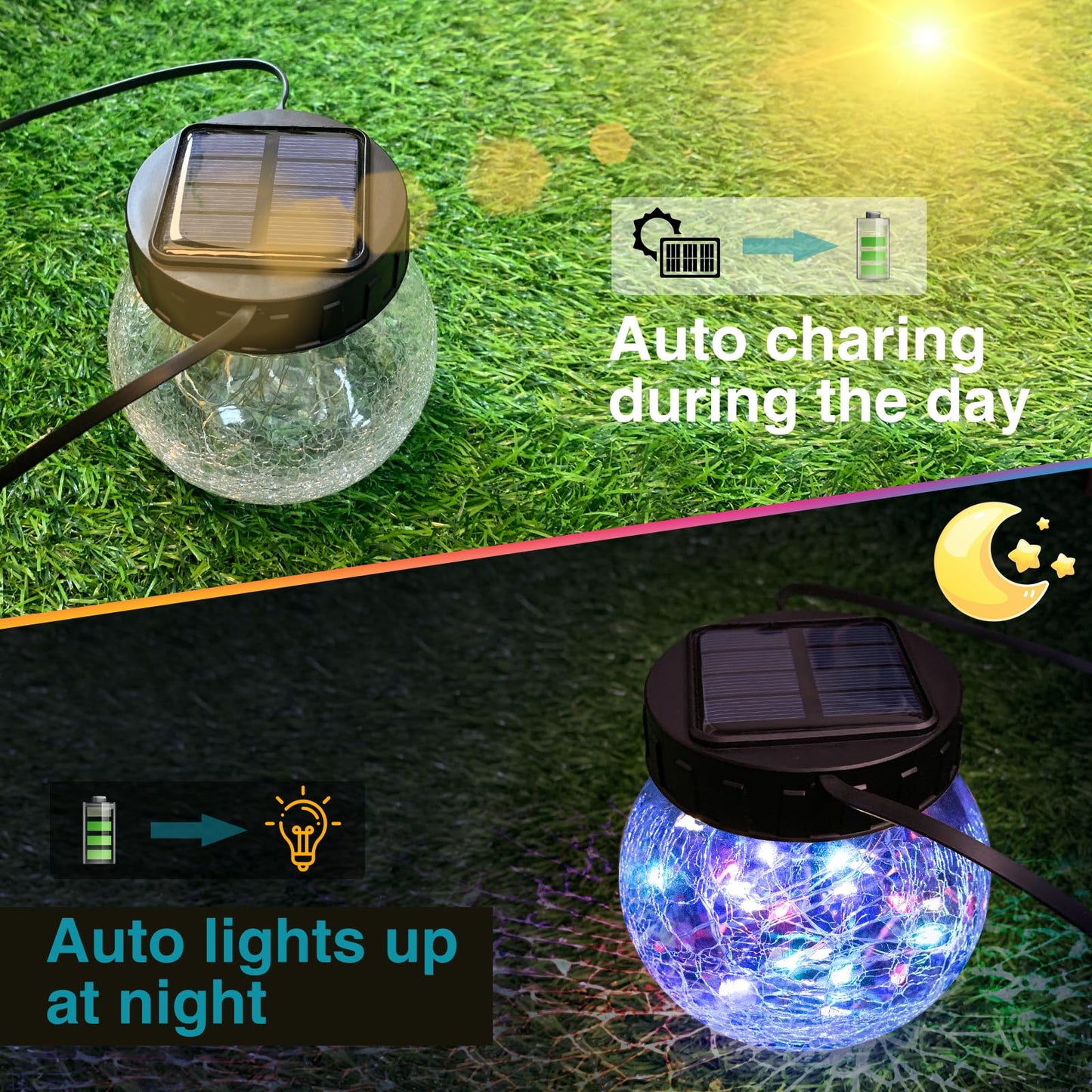 Kolpop 2 Pack Solar Lantern Outdoor Lights  Multi-Coloured Solars Lanterns With 30 Led   le Glass Ball Waterproof Hanging Solar Lights For Garden Decor Patio Fence Yard Christmas Tree Decoration