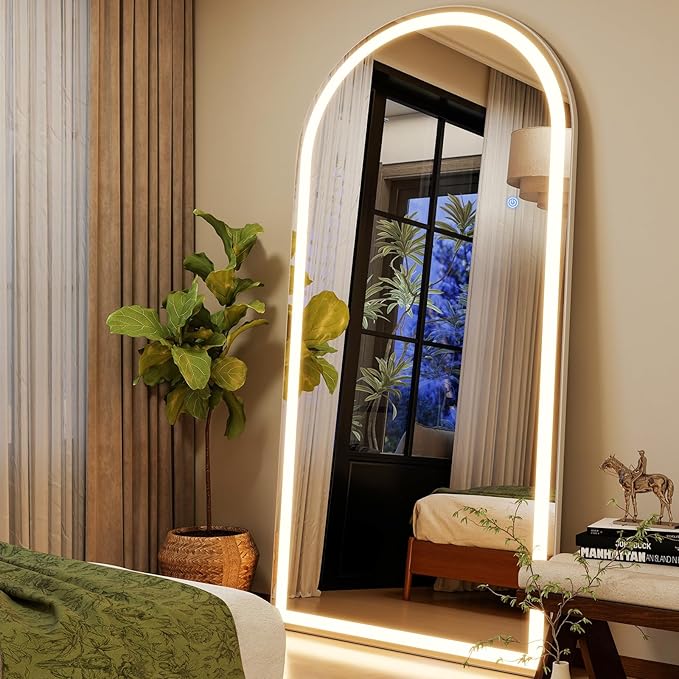 GLSLAND 34"x76" Arched LED Full Length Mirror with Lights Wall Mounted/Standing, Dimmable Floor Lighted Mirrors W/Anti-Fog, Touch Control for Bedroom, Dressing Room