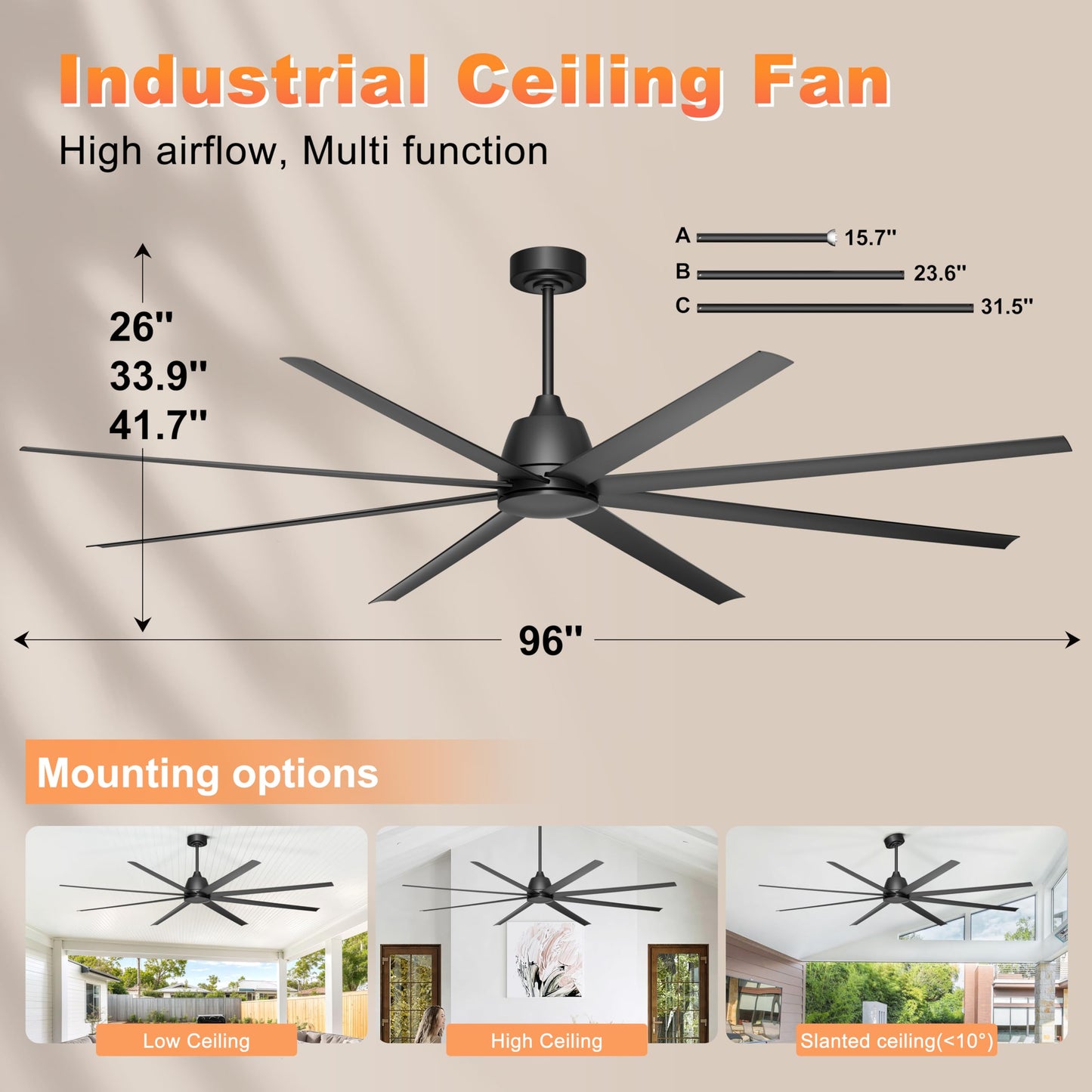 Phylluz 96 Industrial Ceiling Fan No Light, Large Ceiling Fan With Remote/App Control, Outdoor Ceiling Fans With 8 Blades, 3Cct,