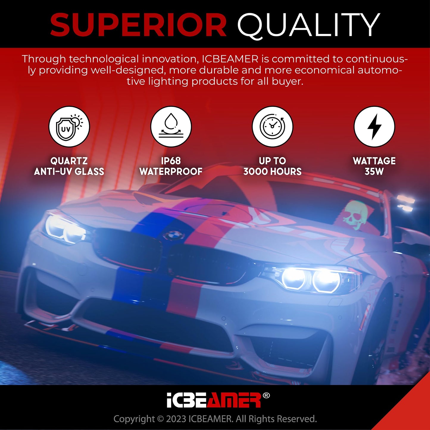 ICBEAMER D2S/D2R Xenon HID Headlight Bulb 8000K Light Blue Direct Replacement 66040 66240 85122 Model D2-AMA-800
