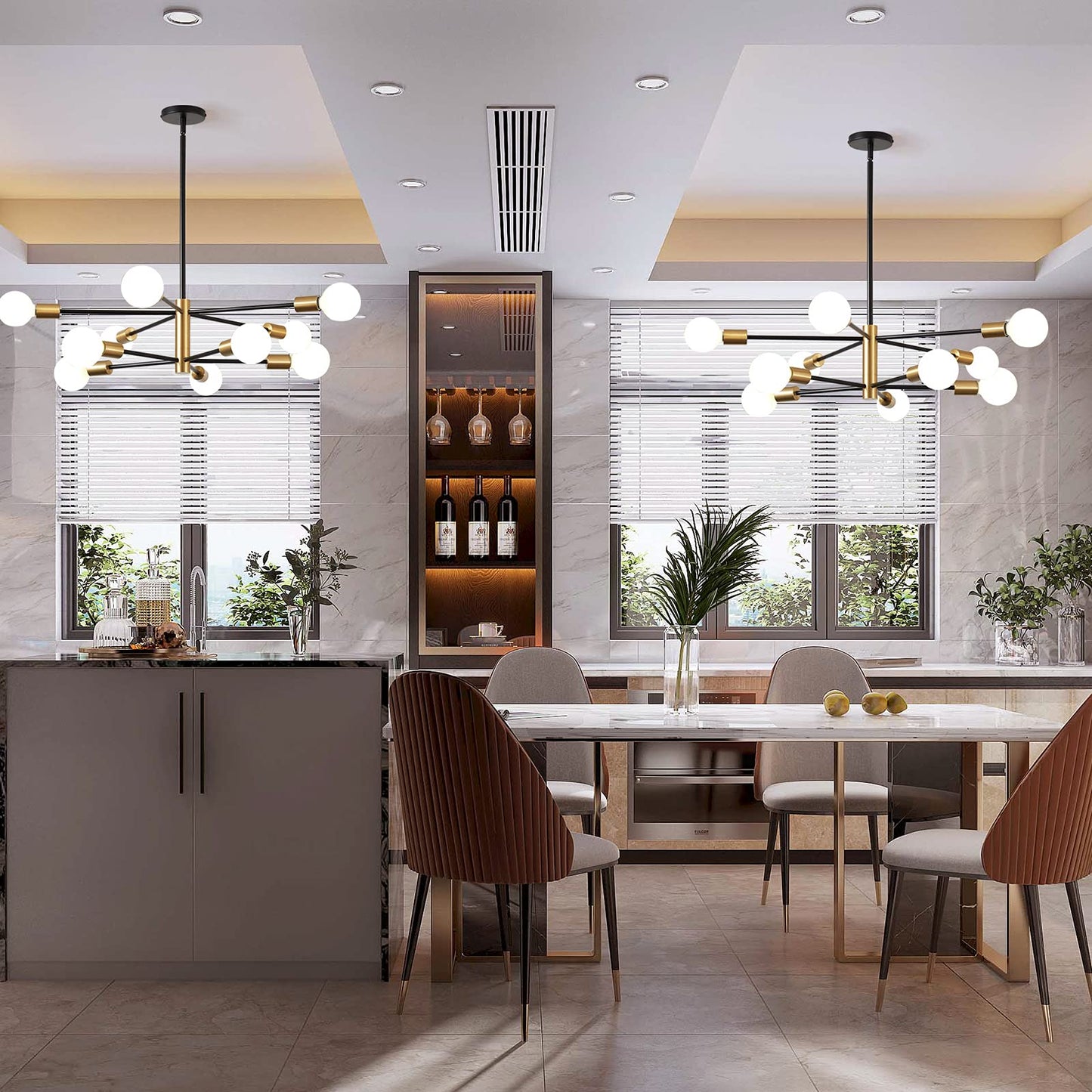 Kaisite Modern 10-Light Sputnik Chandelier - Black & Gold Metal Pendant Lighting For Kitchen, Dining Room, Living Room, Bedroom, Model 8006-10C