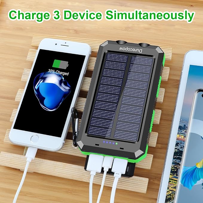 Solar Charger Power Bank, 20000mAh Portable Outdoor Waterproof Solar Battery Charger, Camping External Backup Battery Pack USB C Ports Input/Output, 2 Led Light Flashlight with Compass (Green)