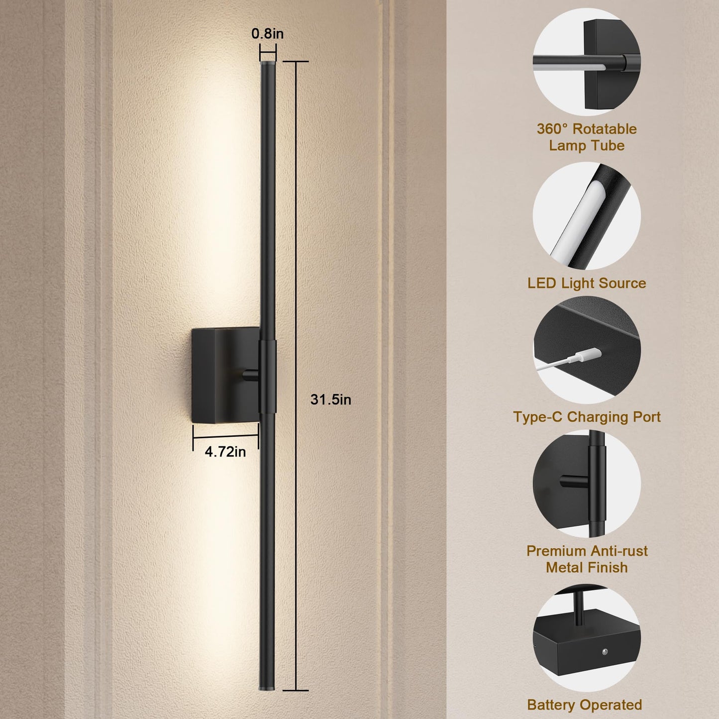 Gift4U Wall Sconce Set of Two, 31.5 Inch, Battery Operated, USB Rechargeable, Remote Control, Dimmable LED, Black