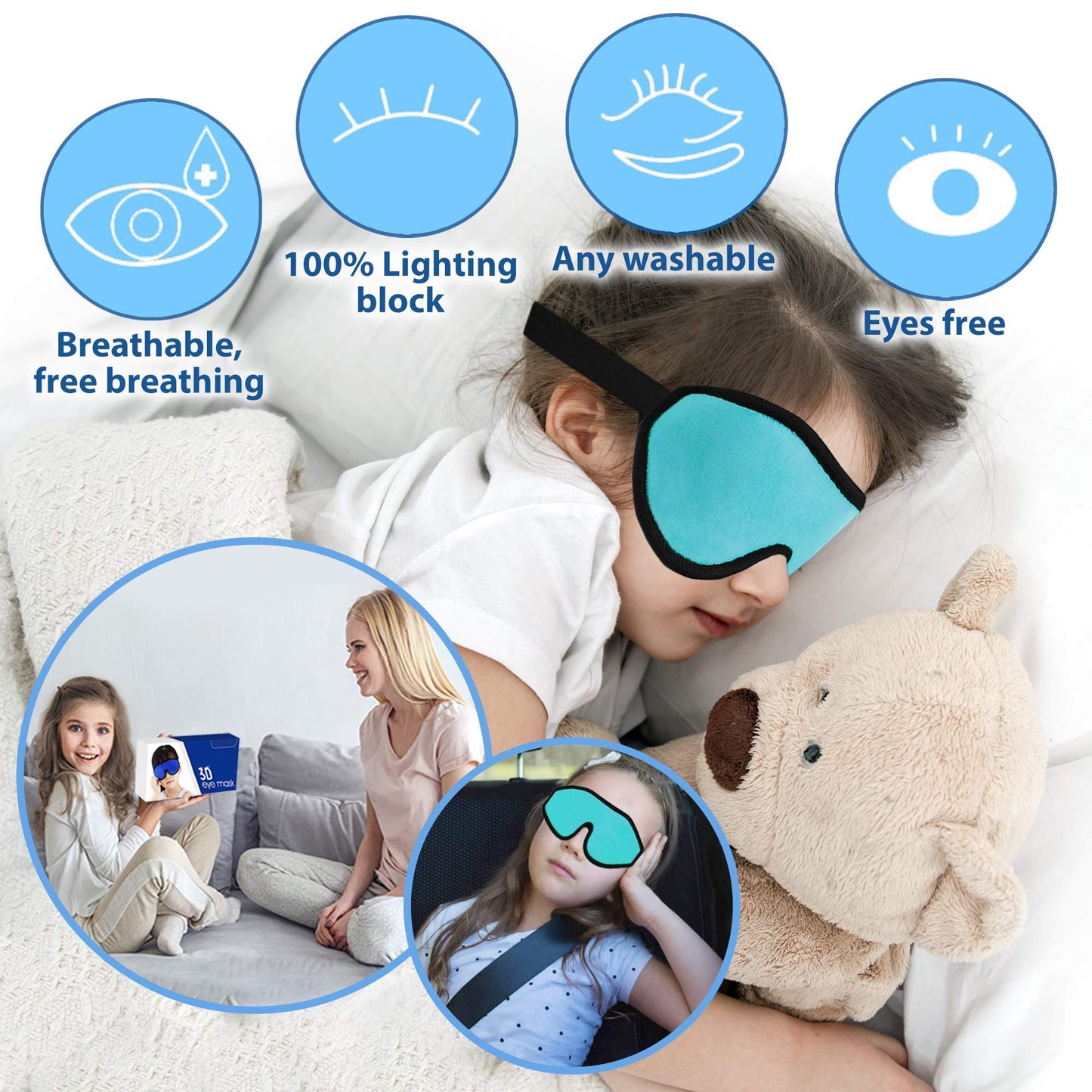 Sleep Mask for Kids with Blockout Light - Memory Foam 3D Contoured Eye Mask - Eye Cover & Travel Sleep Mask, Blindfolds for Kids, Girls, Boys (Blue)