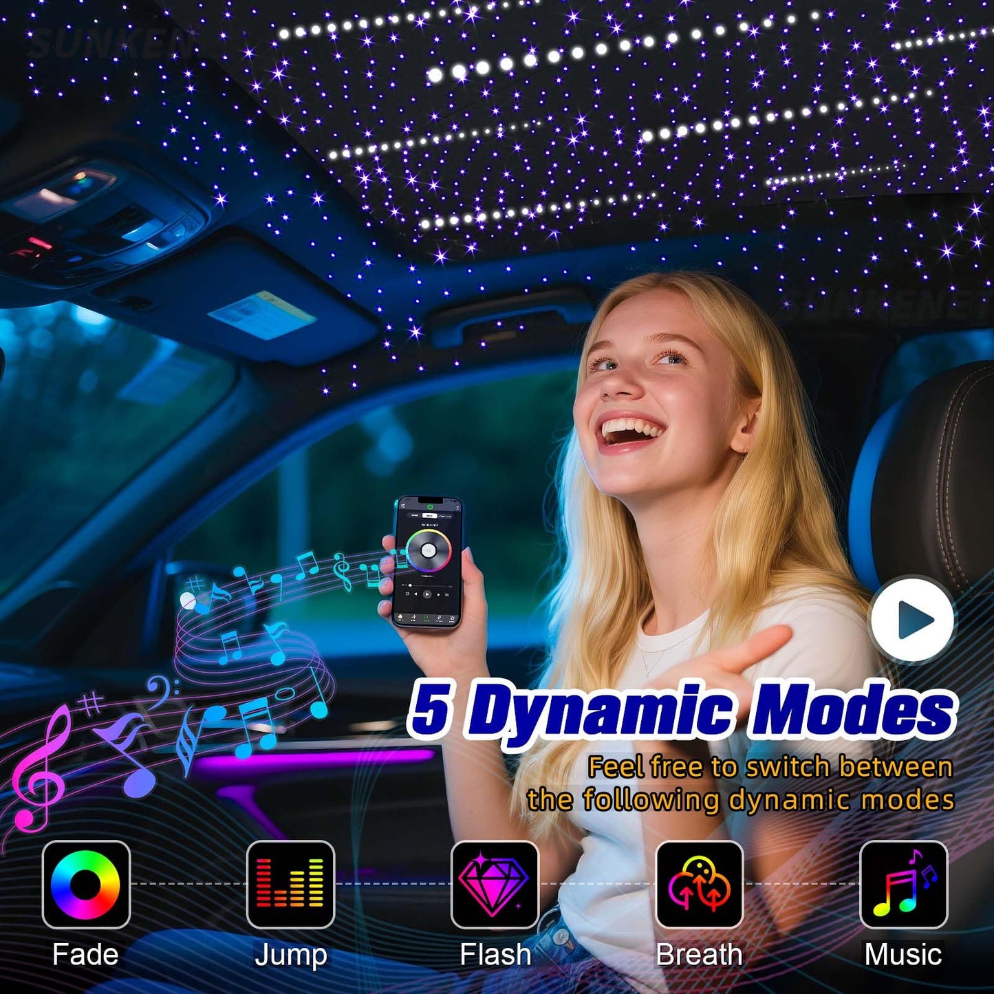SUNKENET 12W RGBW Starlight Headliner Kit, 300pcs Fiber Optic Lights, Cool White, Model QJ-L012, with Bluetooth APP/Remote Control