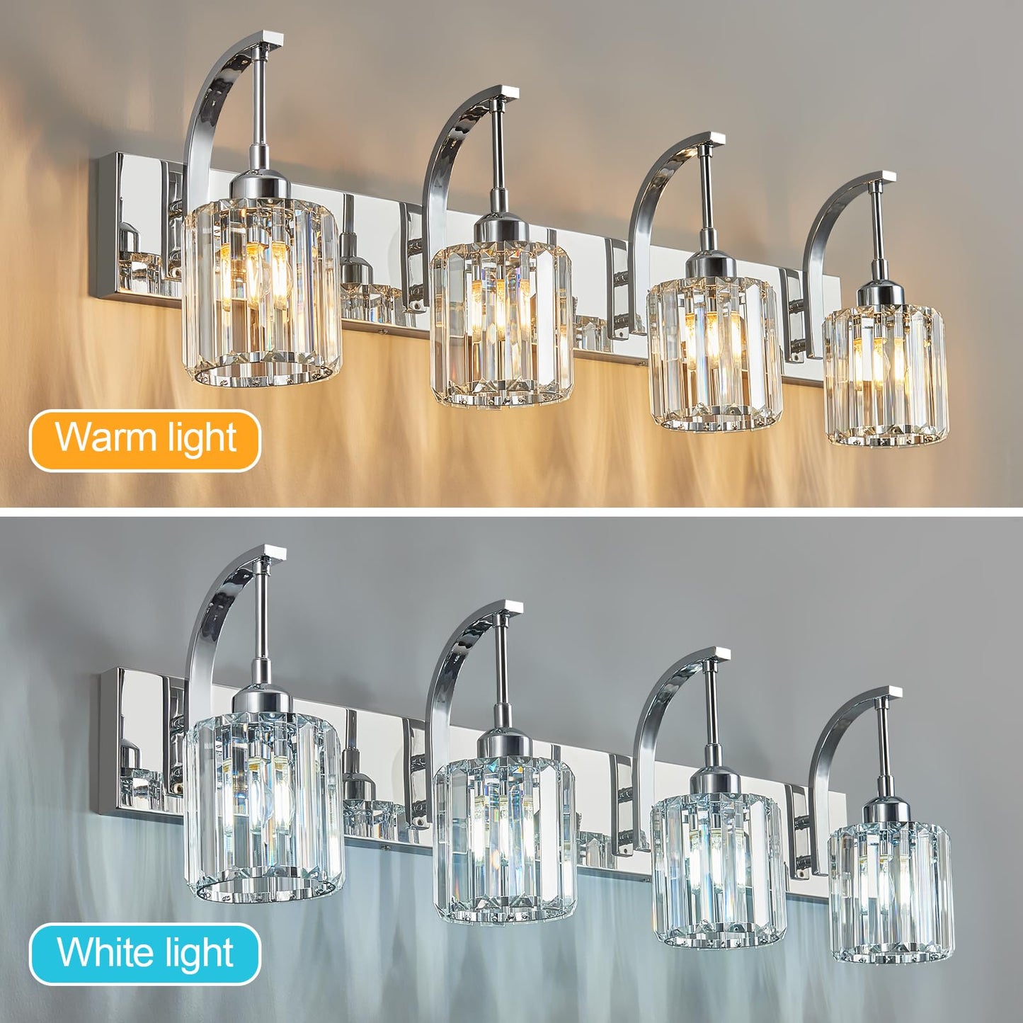 Fdpby 4-Light Crystal Vanity Light  Modern Chrome Bathroom Wall Sconce With K9 Crystal Shades  32.67 Long Over Mirror Lighting For Vanity  Makeup  Hallway  Elegant & Easy Install
