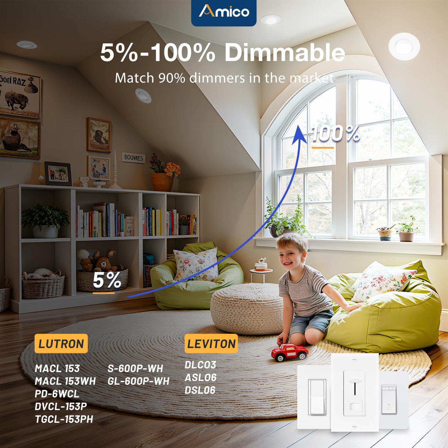 Amico 12 Pack 4 Inch 5CCT Gimbal LED Recessed Lighting, 360°&90°Adjustable Eyeball Directional Downlight, Dimmable, 2700K/3000K/3500K/4000K/5000K Selectable, 9W 700LM CRI90+, White, ETL&FCC