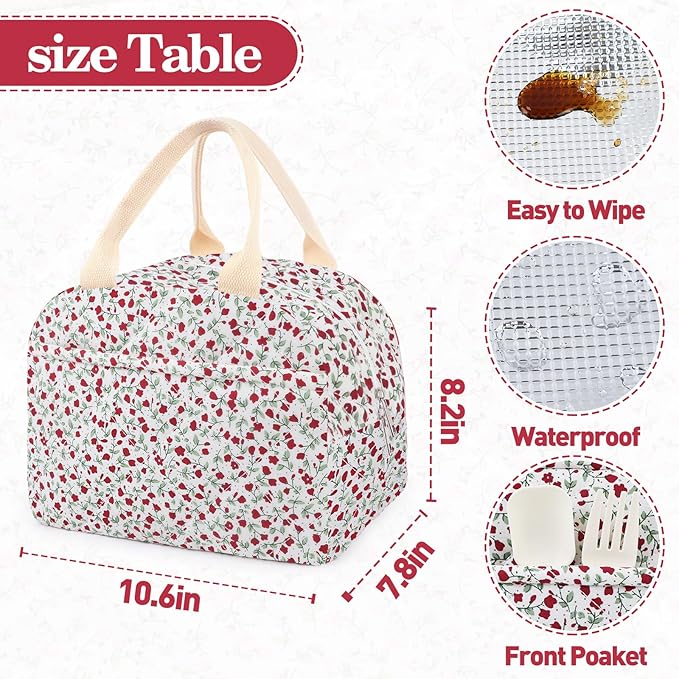 Cotton Quilted Insulated Lunch Bag, Cute Quilted Floral Lunch Tote Bags Reusable Insulated Lunch Box Coquette Aesthetic Large Capacity Insulated Cooler for Women Work Travel Picnic (Red Flower)