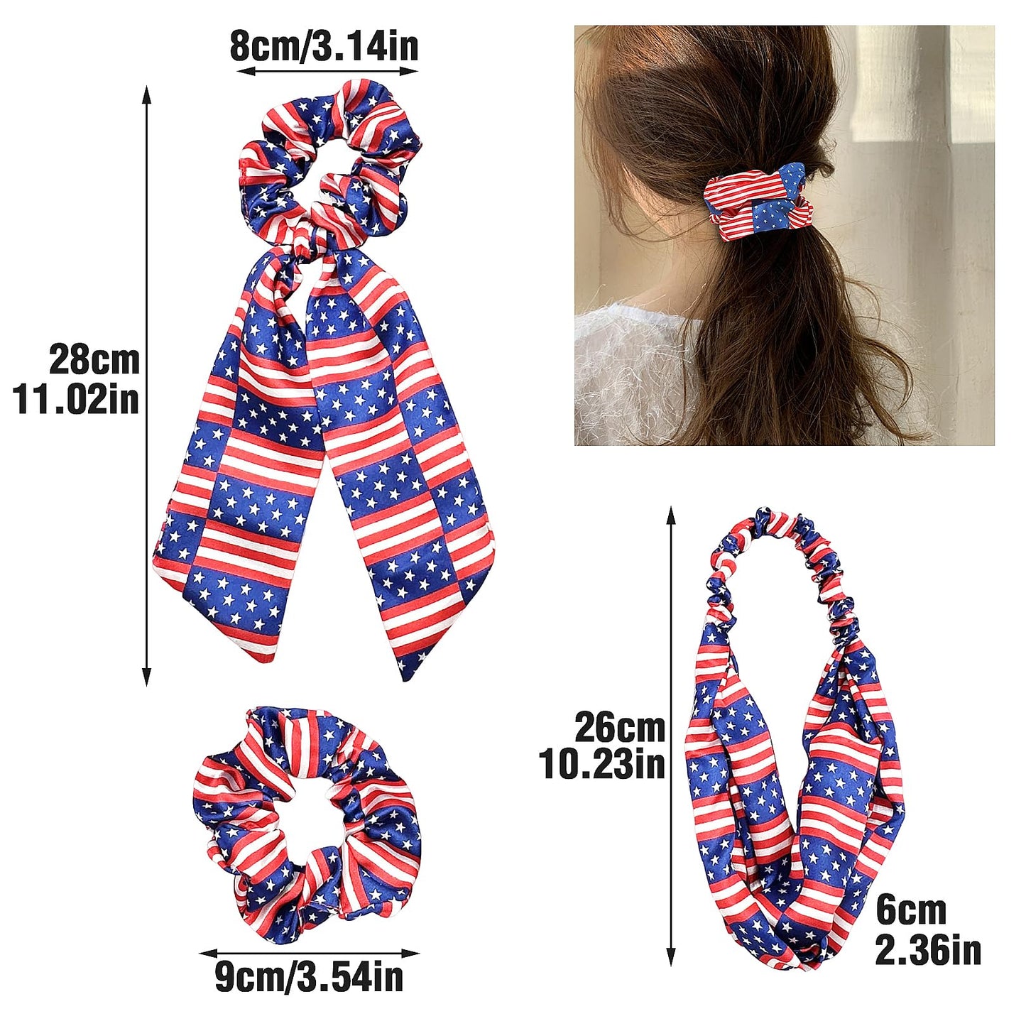 4th of July of Hair Accessories Set - 3Pcs American Flags Bandana Headband Red Blue White Hair Scarf Tie Patriotic Satin Scrunch