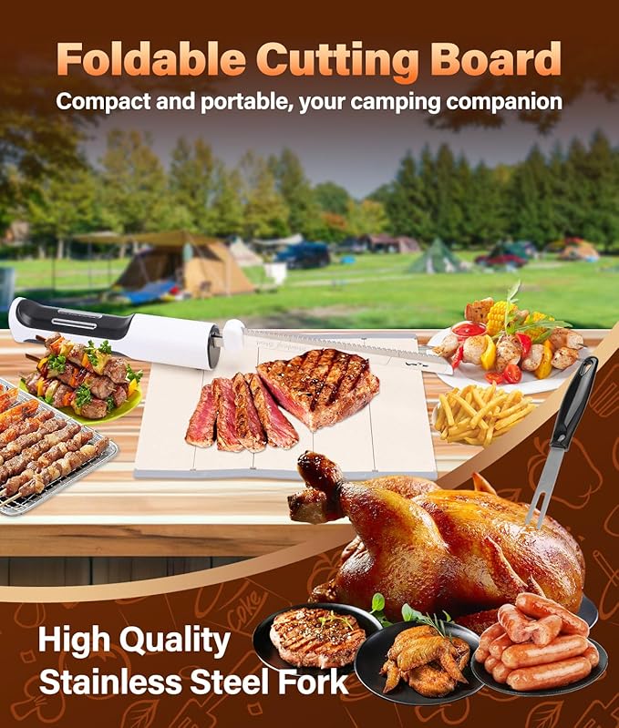 HK Cordless Electric Knife for Carving Meats, Poultry, Bread, Crafting Foam & More, Included Dual 304 Stainless Steel Blades, Fork, Foldable Cutting Board