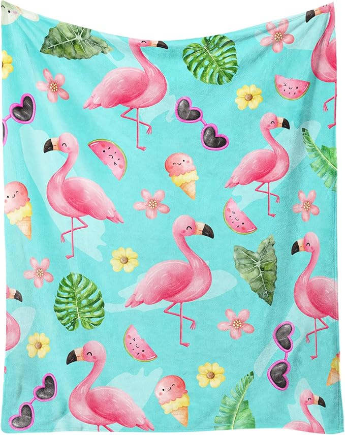 Flamingo Blankets Gifts - 30 x 40 Inches Cute Throw for Girls - Green Soft Fuzzy Plush Flamingo Blankets for Bed