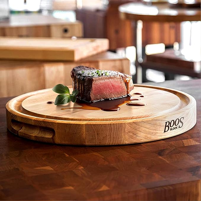 John Boos CB Series Round Wooden Maple Cutting Board 15”x15” – 1.75” Thick, 11-lb Reversible Butcher Block with Juice Groove, Edge-Grain & Finger Grips – Made in the USA