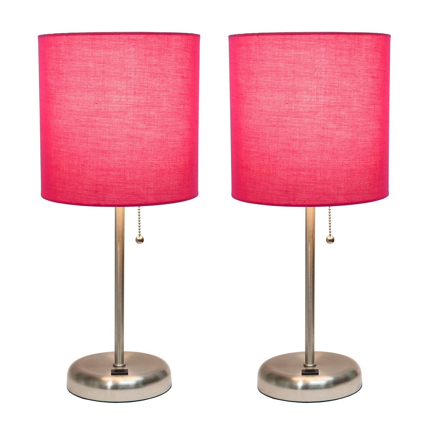 Simple Designs LC2002-PNK-2PK Brushed Steel Table Lamp Set with USB Port, Pink Fabric Shades, 2 Pack
