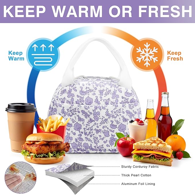Lunch Bag - Insulated Lunch Box for Women, Reusable Large Capacity Cooler Bag for Adult, Small Leakproof Cute Corduroy Lunch Tote for Work Office Travel Picnic (Corduroy Purple-Flower)