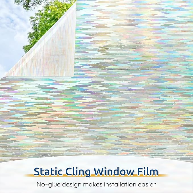 rabbitgoo Window Privacy Film with Installation Tools, Stained Glass Window Film Rainbow Prism Decorative Glass Clings for Home Decor, Static Cling Covering Sun Blocking, 35.4" x 157.4"
