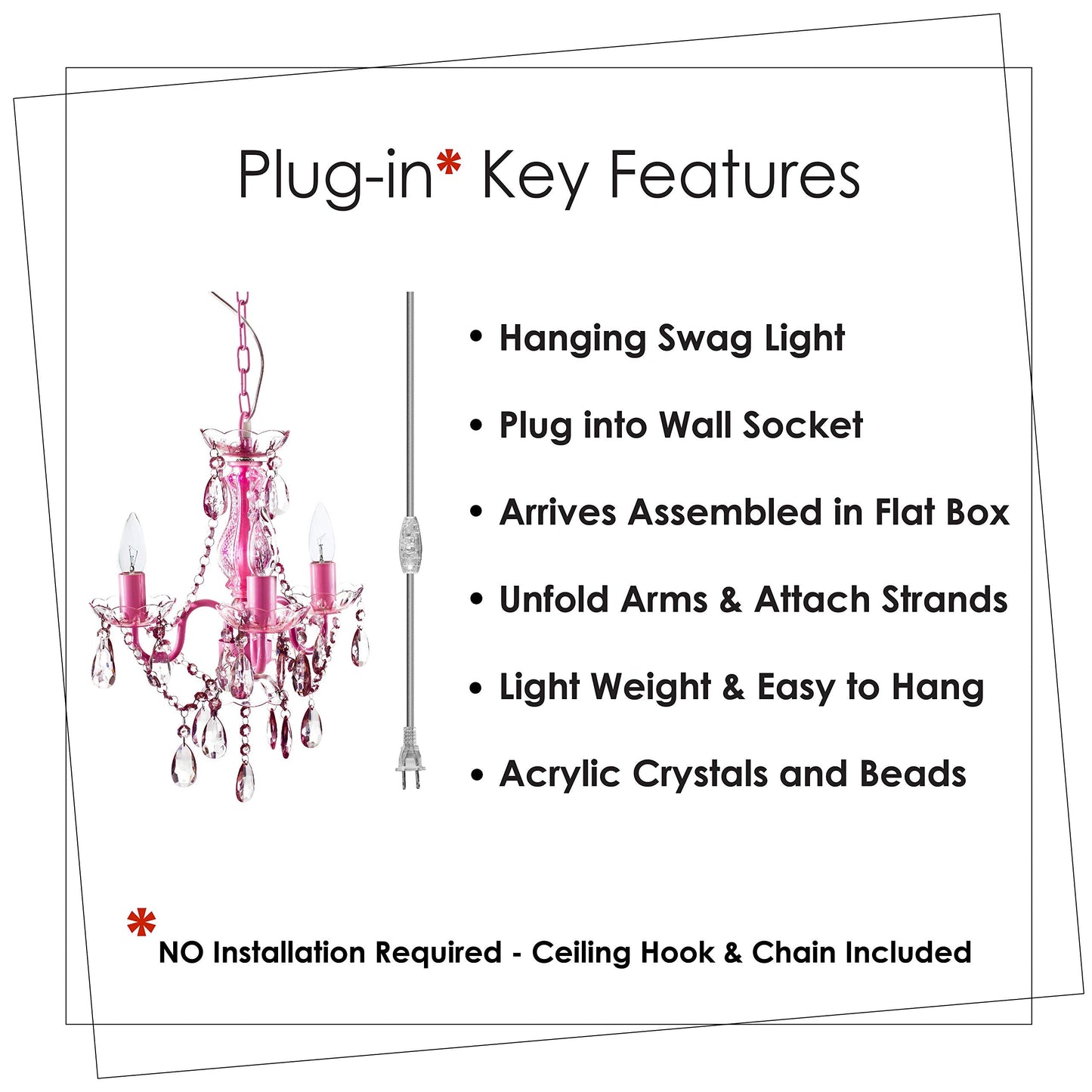 Gypsy Color 3 Light Plug-In Chandelier, Pink Metal Frame, Acrylic Crystals, Model Gymipk, H17”Xw12”