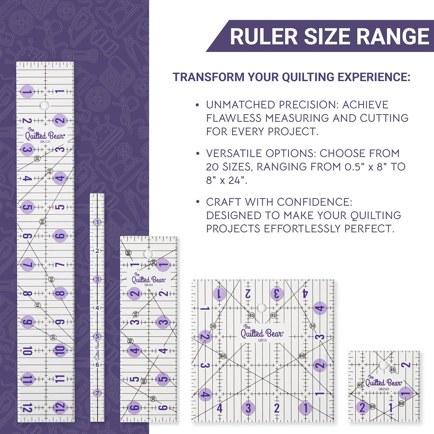 The Quilted Bear Quilting Rulers - Transparent Acrylic Non Slip Quilting, Patchwork & Sewing Ruler with Clear Black Lines & 30, 45 & 60 Degree Angles for Perfect Accuracy & Precision (6.5" x 6.5")