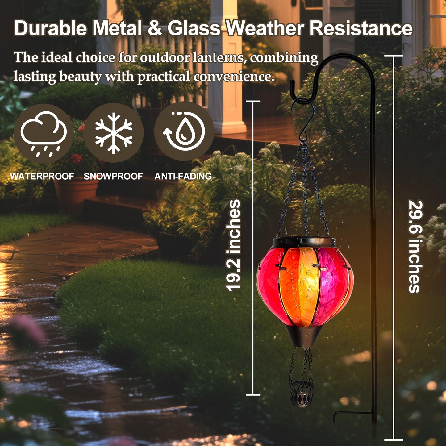 Twirleternity 2Pcs Hot Air Balloon Solar Lantern (Metal Shepherds Hook) (Flickering Flame) (Efficient Solar Panel Power) Hanging Lanterns Outdoor Waterproof Thanksgiving Gifts Colorful Rainbow